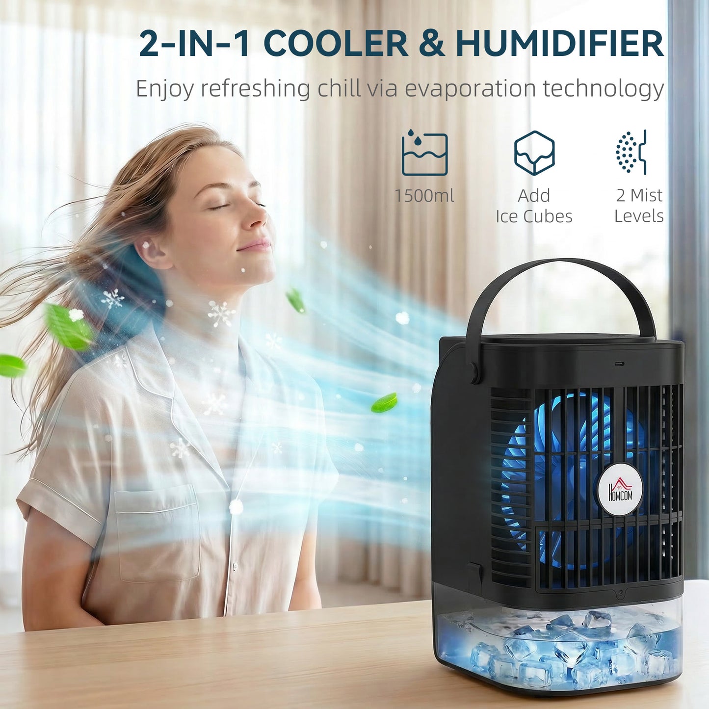 Portable Air Conditioner, 4-in-1 Mini Air Cooler with 4 Wind Speed, 2 Cool Mist, RGB 7 LED Light, Black / White