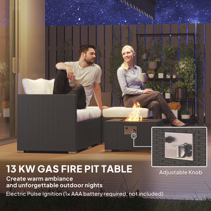 Five Piece Rattan Garden Furniture Set with Gas Fire Pit Table and Footstool - Black and Cream White