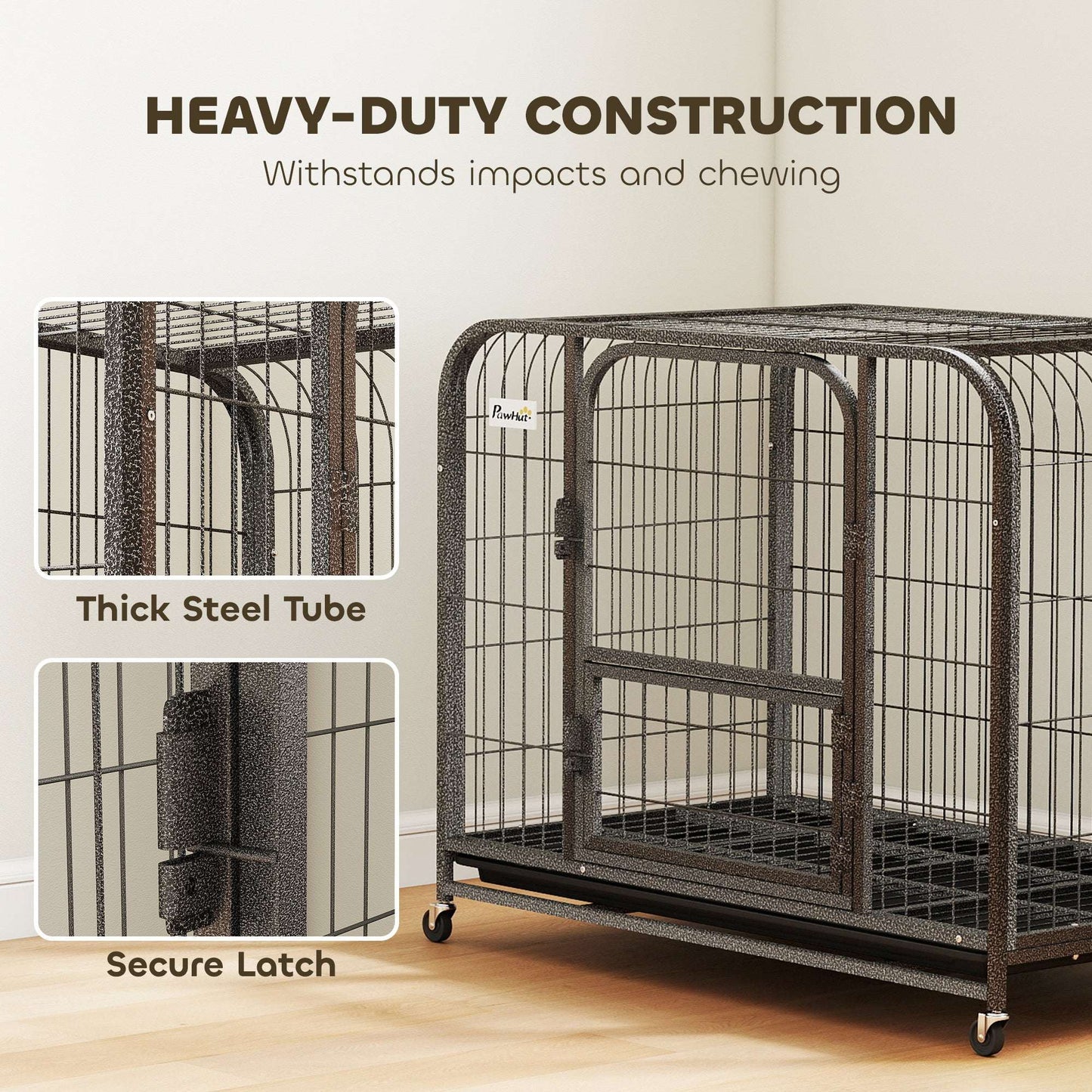 Heavy Duty Dog Crate | 93x58x76cm | 3 Doors | Slide-Out Tray | 4 Wheels | Raised Base | 20kg | Black