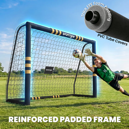 SPORTNOW Portable Football Goal | Black & Yellow | 8x5ft or 6x4ft | EPE Foam Padding 1.6cm | PVC-Wrapped Posts | 6 Ground Stakes | Metal Frame | PE Net | Age 5+ | Garden Training
