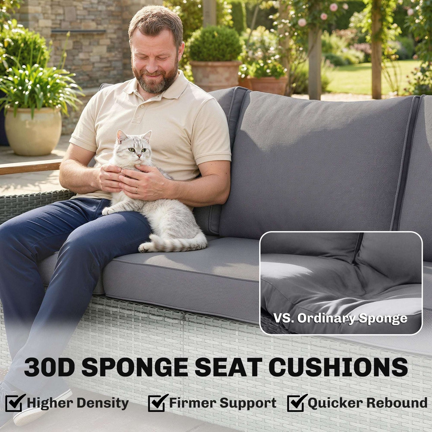 3-Seater Rattan Garden Sofa | PE Wicker | 10cm Seat Cushions | Washable Covers | Wood-Effect Arms | 360kg | All-Weather | Dark Grey
