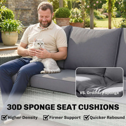 3-Seater Rattan Garden Sofa | PE Wicker | 10cm Seat Cushions | Washable Covers | Wood-Effect Arms | 360kg | All-Weather | Dark Grey