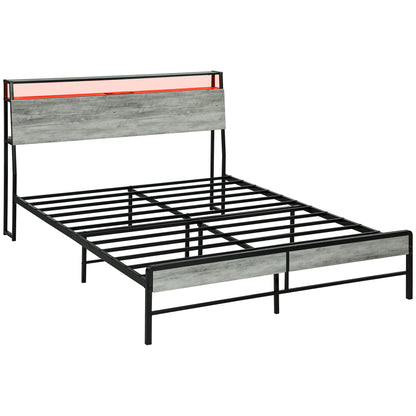 King Steel Bed Frame, with LED Lights and Headboard Shelf - Grey