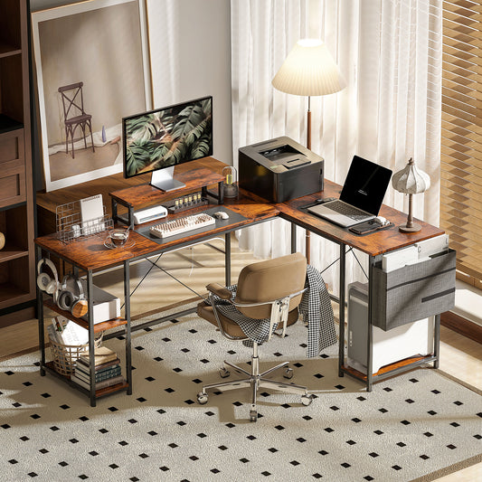168cm Reversible L Shaped Desk, Industrial Corner Computer Desk with Adjustable Shelf and Storage Bag, 240cm 2 Person Desk with Monitor Stand