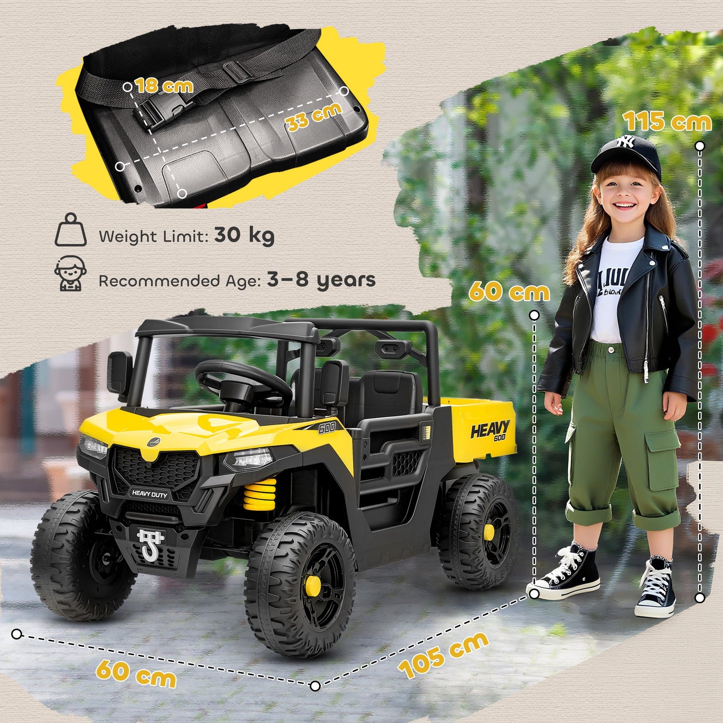 AIYAPLAY Kids Ride on Car, 12V Electric Kids UTV with Electric Dump Bed, 4-Wheel Suspension for 3-8 Years