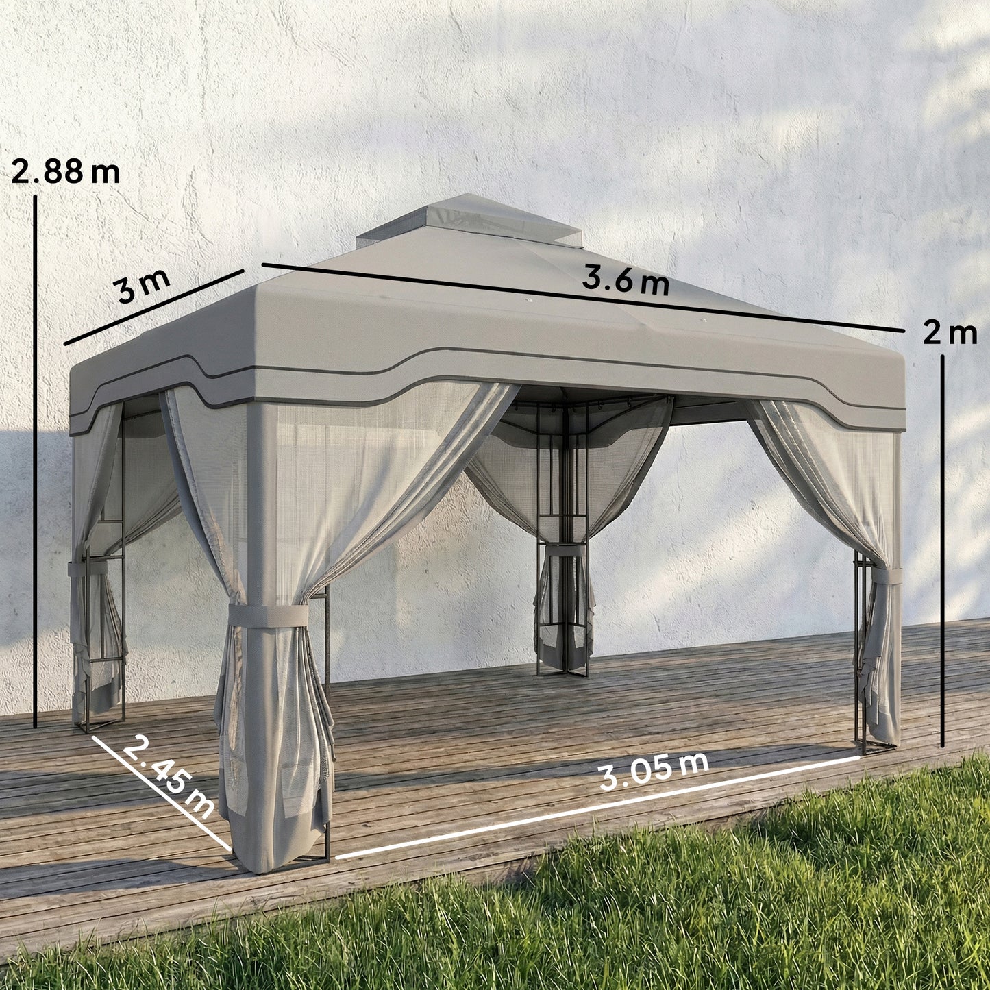 3x3.6m Permanent Garden Gazebo | Double-Tier UPF50+ Roof | Mesh Panels | Integrated Corner Shelves | Ceiling Hook | Triangular Powder-Coated Posts | Expansion Screws | Ground Stakes | Dark Grey
