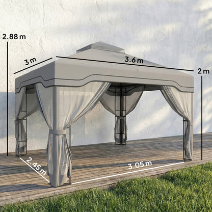 3x3.6m Permanent Garden Gazebo | Double-Tier UPF50+ Roof | Mesh Panels | Integrated Corner Shelves | Ceiling Hook | Triangular Powder-Coated Posts | Expansion Screws | Ground Stakes | Dark Grey