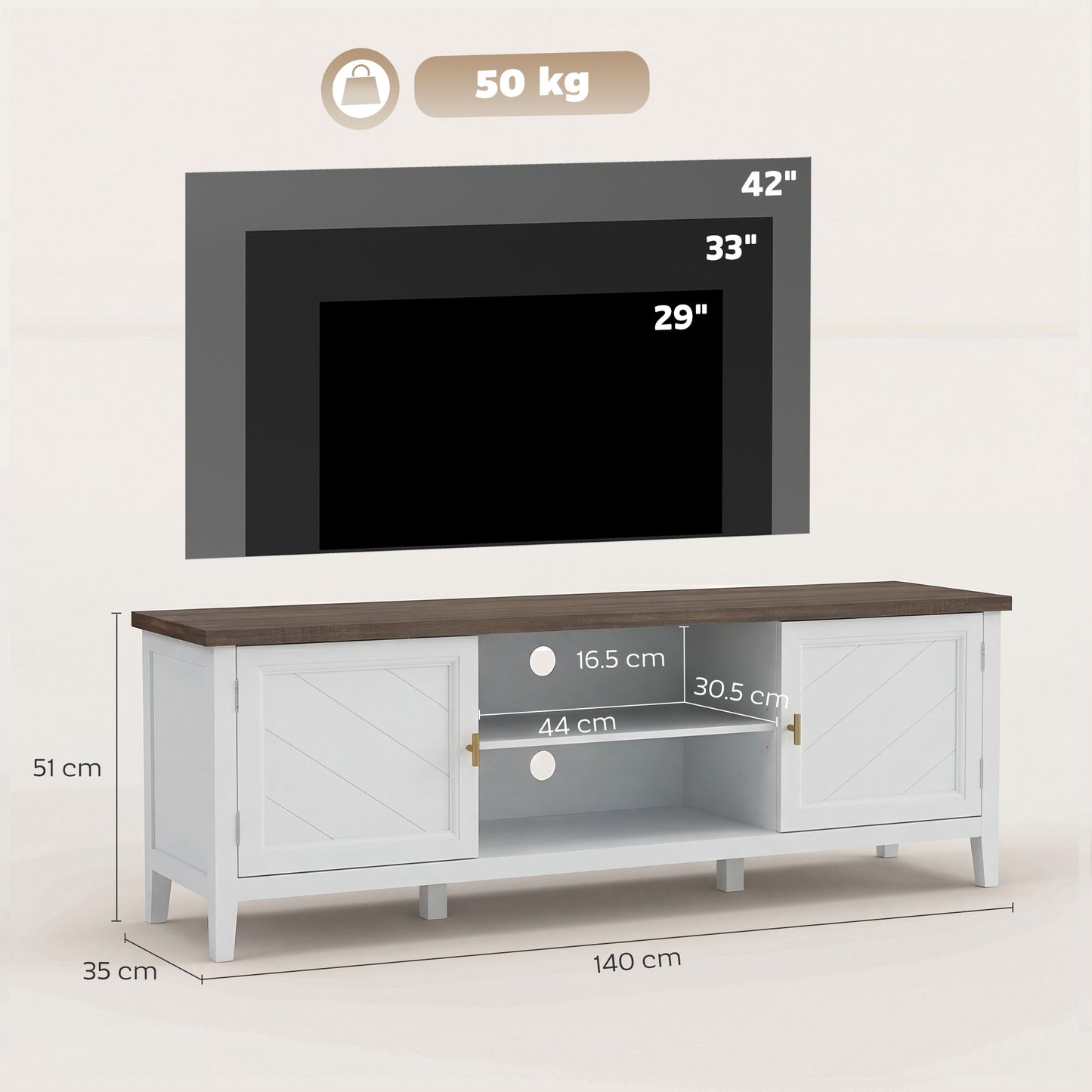 Farmhouse TV Stand | 140cm | Up to 42" TV | 2 Cabinets | 2 Open Shelves | Gold T-Bar Handles | Cable Holes | 50kg | White