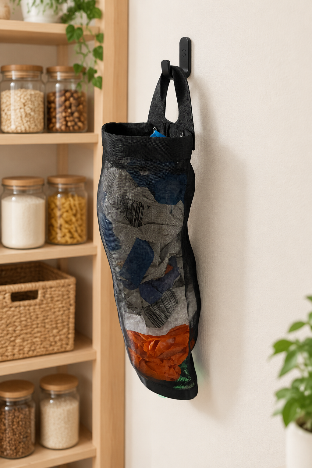 Side view of filled carrier bag dispenser in a pantry