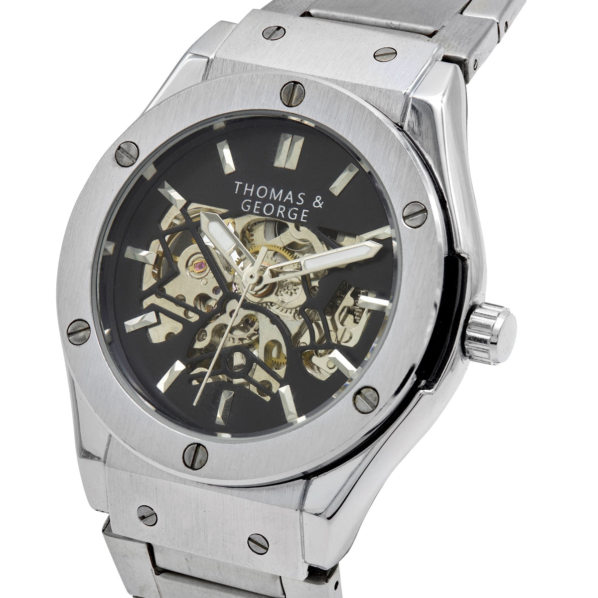 Thomas & George Norway Alloy Edition Automatic Skeleton Watch | 42mm Round Silver-Tone Alloy Case & Stainless Steel Bracelet | Optional Luxury Box