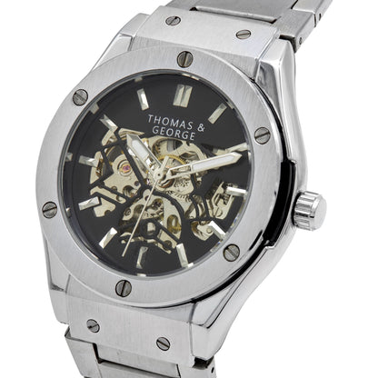 Thomas & George Norway Alloy Edition Automatic Skeleton Watch | 42mm Round Silver-Tone Alloy Case & Stainless Steel Bracelet | Optional Luxury Box