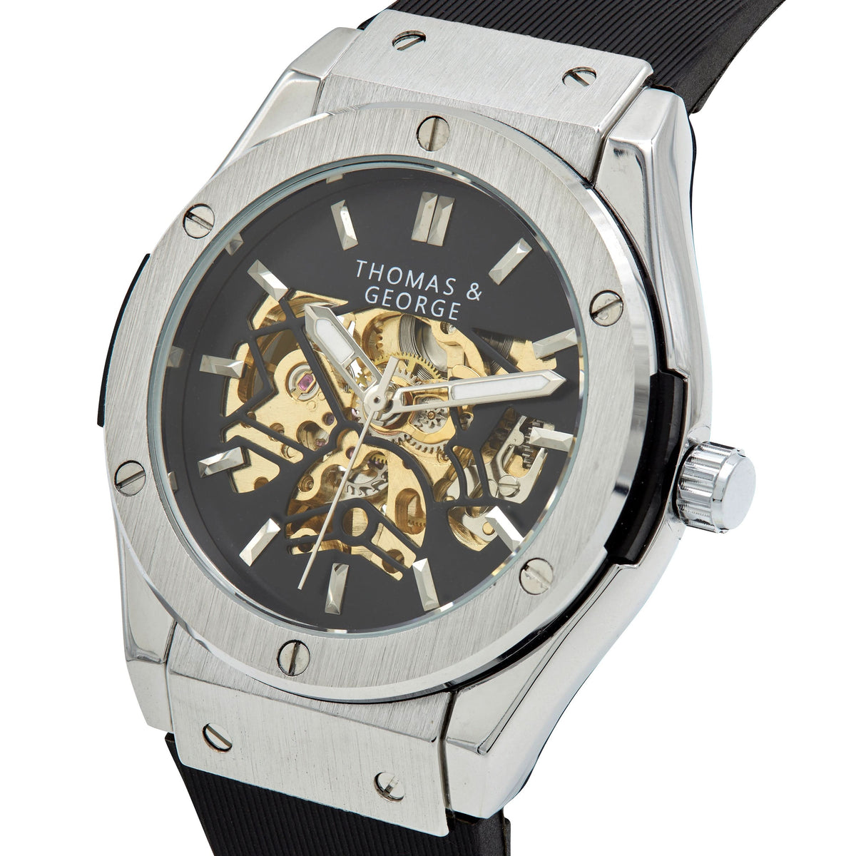 Thomas & George Norway Silver Edition Automatic Skeleton Watch | 42mm Silver-Tone Alloy Case & Black Dial | Flexible Black Silicone Strap