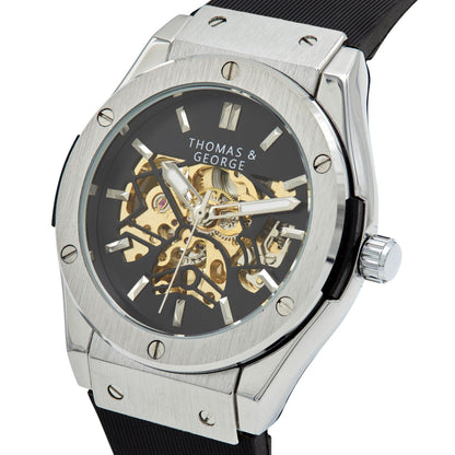 Thomas & George Norway Silver Edition Automatic Skeleton Watch | 42mm Silver-Tone Alloy Case & Black Dial | Flexible Black Silicone Strap