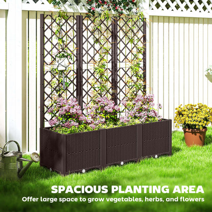 Large PP Raised Garden Bed with Trellis | 8 Drainage Holes & Drain Plugs | 75kg Capacity | 120x40x140cm | Indoor & Outdoor | Climbing Plants Veg & Flowers | Brown