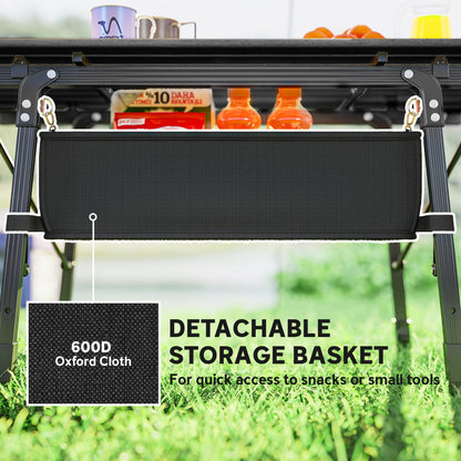 Folding Camping Table, 90 x 55 cm Height Adjustable Portable Collapsible Table, 3ft Lightweight Aluminium Rollup Picnic Table with Storage Basket