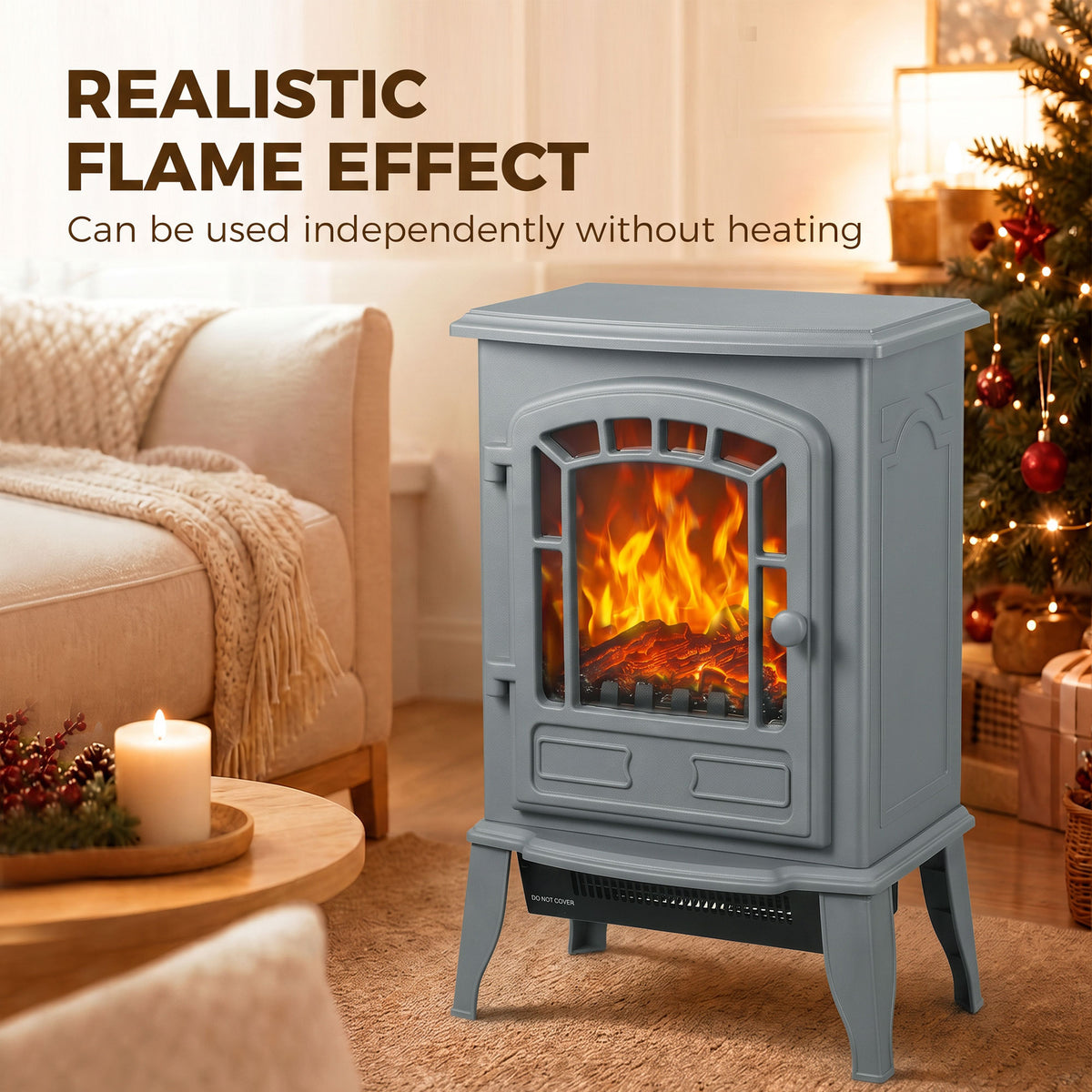 Freestanding Electric Fireplace Stove | 1000W/2000W | LED Flame Effect | Adjustable Thermostat | Grey