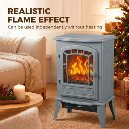 Freestanding Electric Fireplace Stove | 1000W/2000W | LED Flame Effect | Adjustable Thermostat | Grey
