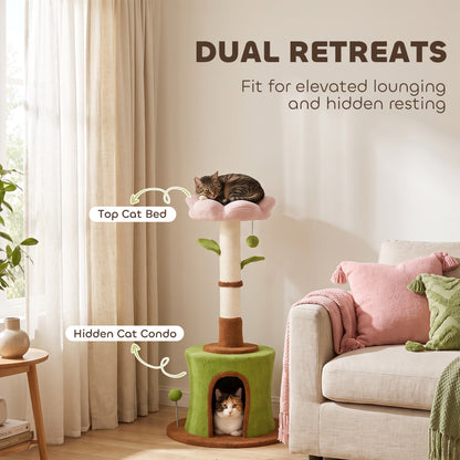 PawHut 88cm Flower Cat Tree | Condo & Plush Bed | Sisal Scratching Post | 3 Tiers | 2 Toy Balls & 2 Crinkle Leaves | 270g Plush | Peach Velvet | Freestanding | 48x48x88cm | 5kg Max | Green Pink Brown Beige