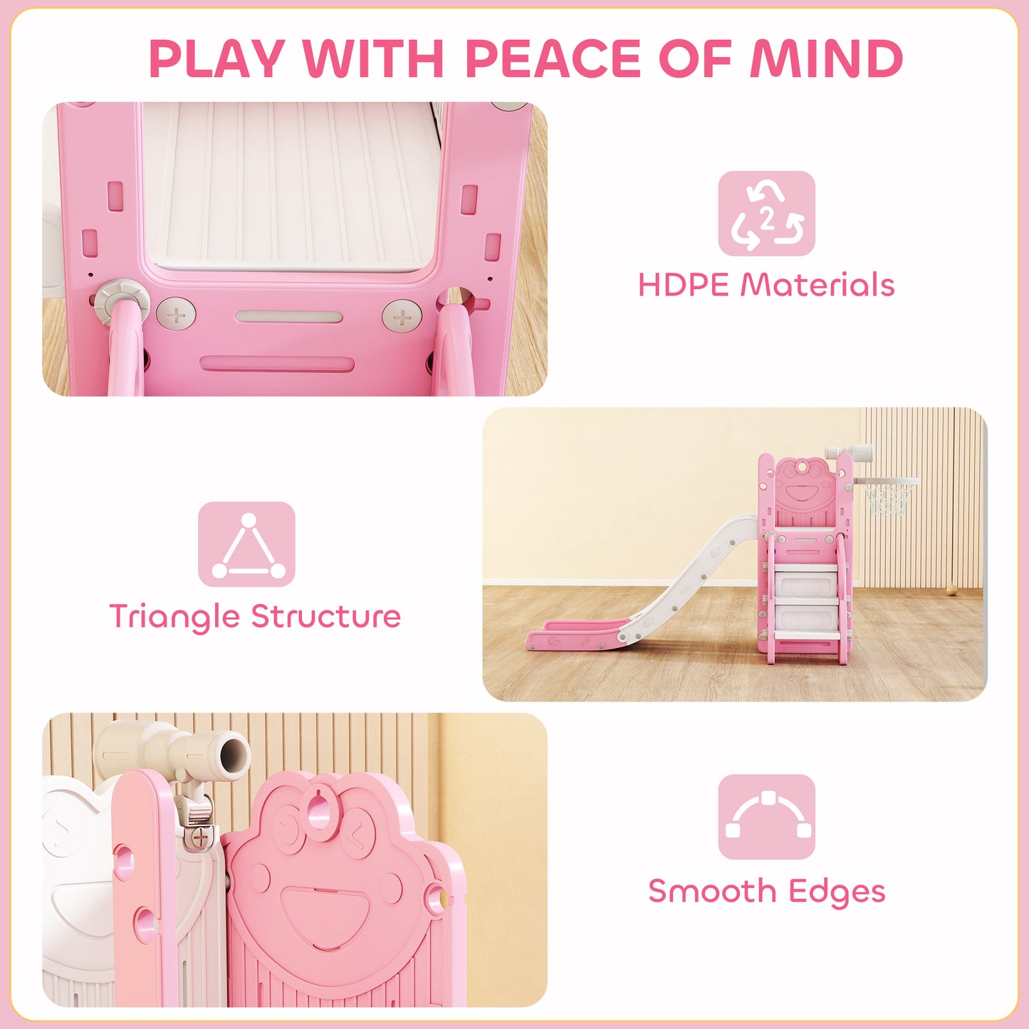 5-in-1 Kids Slide Set with Basketball Hoop, Climbing Frame, Telescope & Storage Box – Anti-Slip Steps, HDPE, Ages 1–3 – Pink