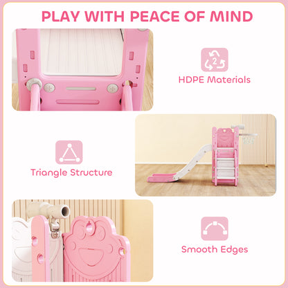 5-in-1 Kids Slide Set with Basketball Hoop, Climbing Frame, Telescope & Storage Box – Anti-Slip Steps, HDPE, Ages 1–3 – Pink