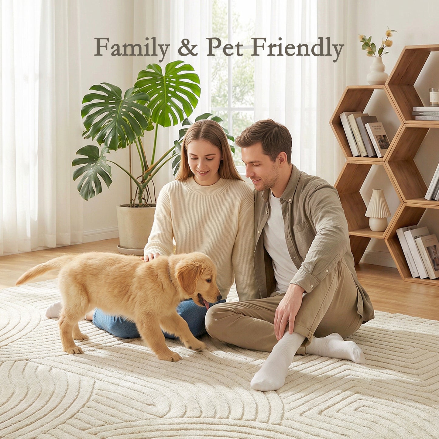 Geometric Rug | 200x140cm | 15mm Pile | Jacquard Weave | Non-Slip Backing | Reinforced Edges | Cream