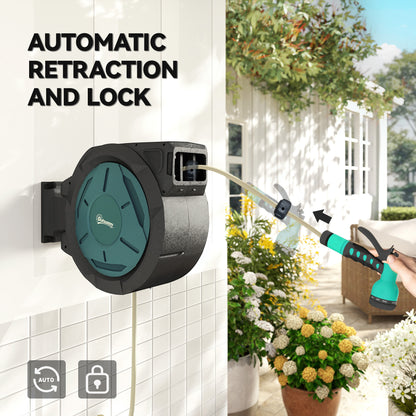 Retractable Hose Reel Wall Mounted, 20+2m Garden Hose Pipe Reel with Lock, Auto Rewind, 7 in 1 Spray Nozzle, Includes Wall Fixings, 180° Swivel, Outdoor Watering, 59 x 20 x 39 cm, Black