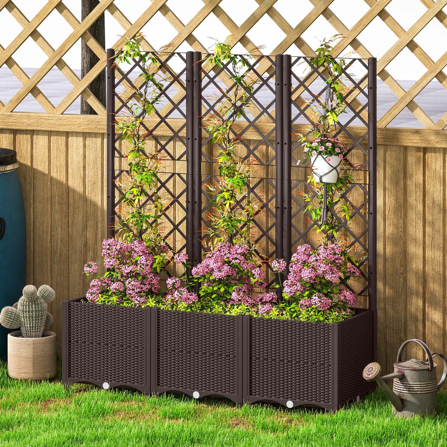 Large PP Raised Garden Bed with Trellis | 8 Drainage Holes & Drain Plugs | 75kg Capacity | 120x40x140cm | Indoor & Outdoor | Climbing Plants Veg & Flowers | Brown