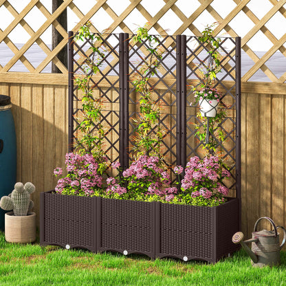 Large PP Raised Garden Bed with Trellis | 8 Drainage Holes & Drain Plugs | 75kg Capacity | 120x40x140cm | Indoor & Outdoor | Climbing Plants Veg & Flowers | Brown