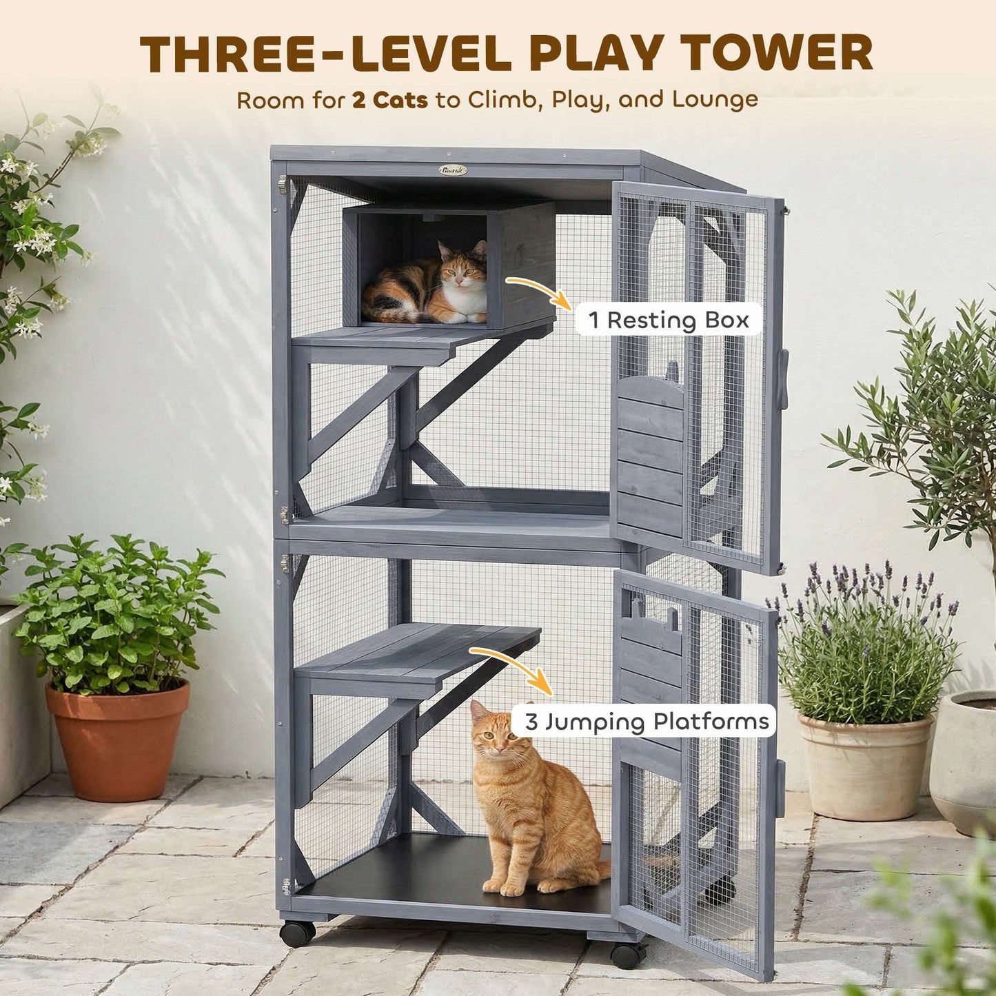 Movable Outdoor & Indoor Catio | 3 Jumping Platforms & Resting Box | Waterproof Asphalt Roof | 4 Swivel Casters 2 Lockable | Fir Wood | 4 Doors | Up to 2 Cats | 80x75.5x162.5cm | Dark Grey