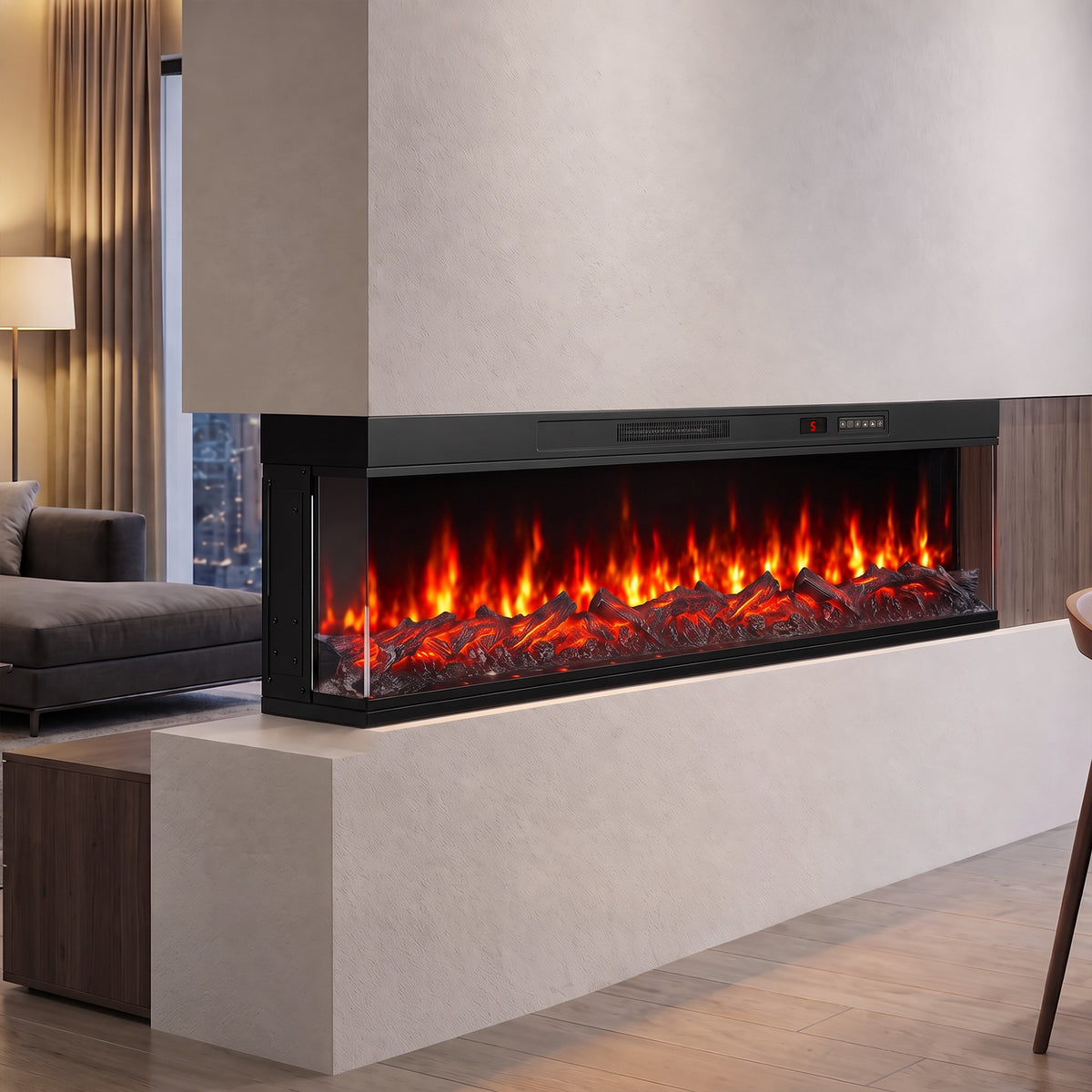 153cm Electric Fireplace Insert | 3-Sided Panoramic Log Effect | 900/1800W, 12 Colours, Remote & Weekly Timer | Black