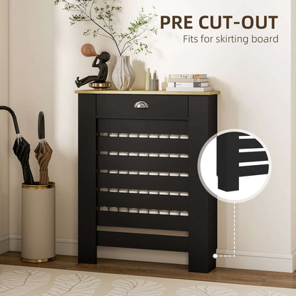 MDF & Particle Board Radiator Cover with 1 Drawer | Slatted Design | Skirting Board Cut-Outs | Easy-Fix Clips | Wood-Effect Top | 5kg Drawer Capacity | 78x19x95.5cm | Black