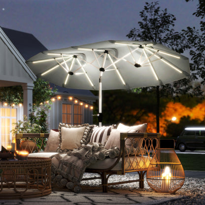3m Double-Sided Garden Parasol | 12 Solar LED Strips | UPF30+ 180GSM Canopy | 12 Metal Ribs | Vented | Crank Handle | 295cm | Grey