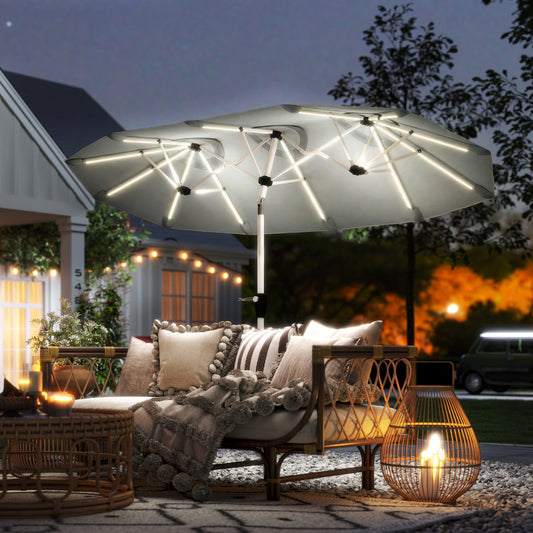 3m Double-Sided Garden Parasol | 12 Solar LED Strips | UPF30+ 180GSM Canopy | 12 Metal Ribs | Vented | Crank Handle | 295cm | Grey