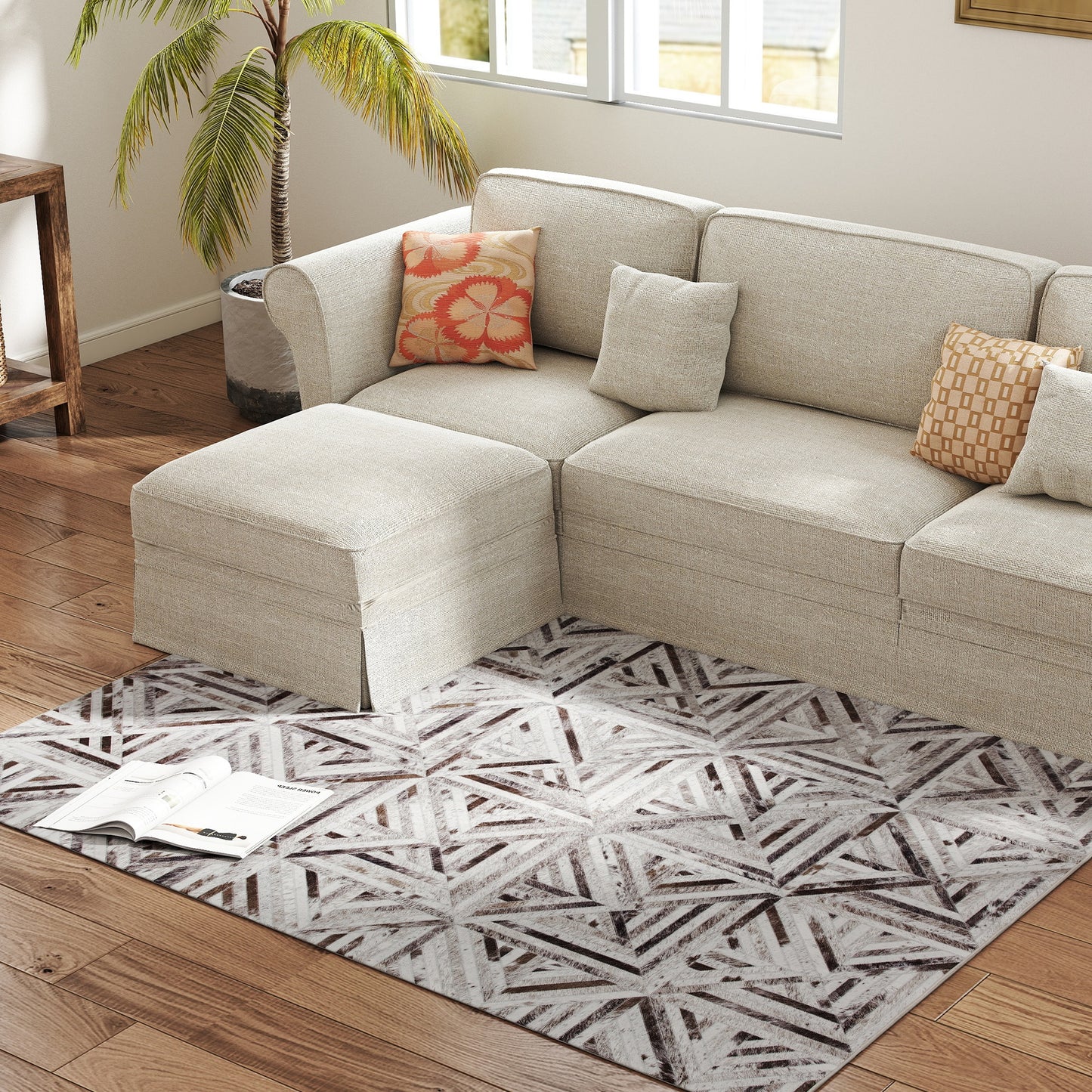 Modern Chenille Area Rug | Faux Leather Patchwork Print | Machine Washable | Non-Slip | Foldable | 170x120cm | Brown | Living Room Bedroom Dining Room Home Office