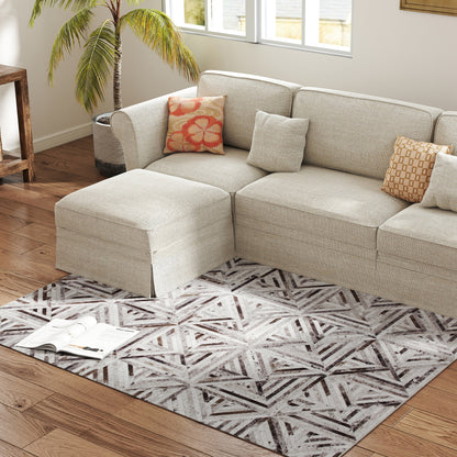 Modern Chenille Area Rug | Faux Leather Patchwork Print | Machine Washable | Non-Slip | Foldable | 170x120cm | Brown | Living Room Bedroom Dining Room Home Office