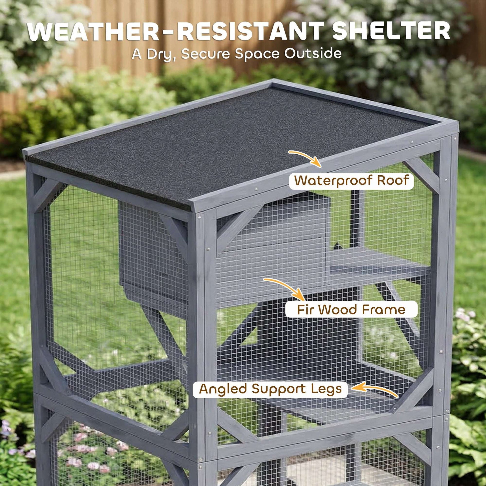 Movable Outdoor & Indoor Catio | 3 Jumping Platforms & Resting Box | Waterproof Asphalt Roof | 4 Swivel Casters 2 Lockable | Fir Wood | 4 Doors | Up to 2 Cats | 80x75.5x162.5cm | Dark Grey
