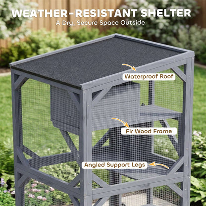 Movable Outdoor & Indoor Catio | 3 Jumping Platforms & Resting Box | Waterproof Asphalt Roof | 4 Swivel Casters 2 Lockable | Fir Wood | 4 Doors | Up to 2 Cats | 80x75.5x162.5cm | Dark Grey