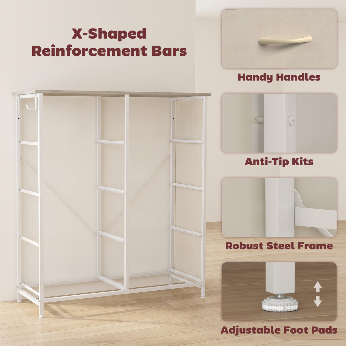 Chest of 8 Fabric Drawers | Natural Wood Rustic Brown Grey | Non-Woven Fabric Steel | 80x30x94.5cm | 30kg | Side Pocket 2 Hooks | X-Bar Frame | Anti-Tip Kit | Foldable Drawers | Bedroom