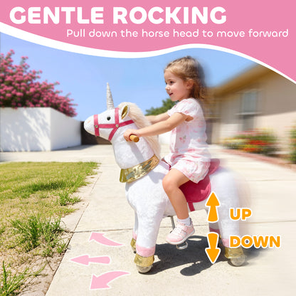 AIYAPLAY Kids Rocking Horse, Plush Walking Horse with Wheels, Ride On Unicorn Toy for Ages 3-5 Years Old, White