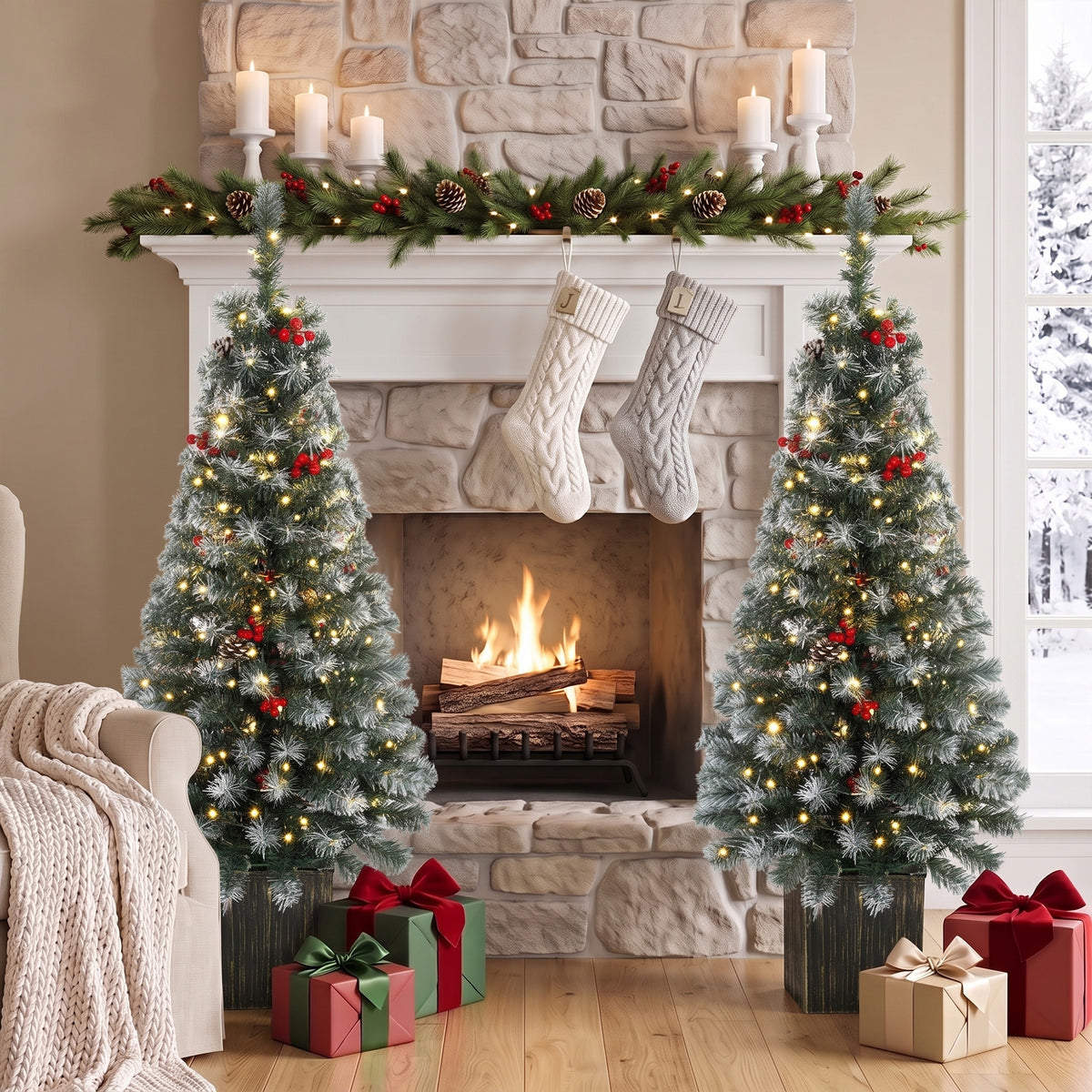 Set of 2 Slim Pre-Lit Christmas Trees | Green Frosted Tips | 120cm 4ft Pencil | 100 LEDs Warm White Multicolour | 11 Modes Remote | 140 Tips Pine Cones Berries | Battery Operated | Pot Base