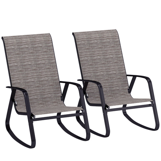 Outsunny Garden Rocking Chairs Set of 2, Ergonomic Outdoor Rocking Chairs with Armrests, High Backrest, Steel Frame Relaxing Rocker Armchair Seats, Light Brown