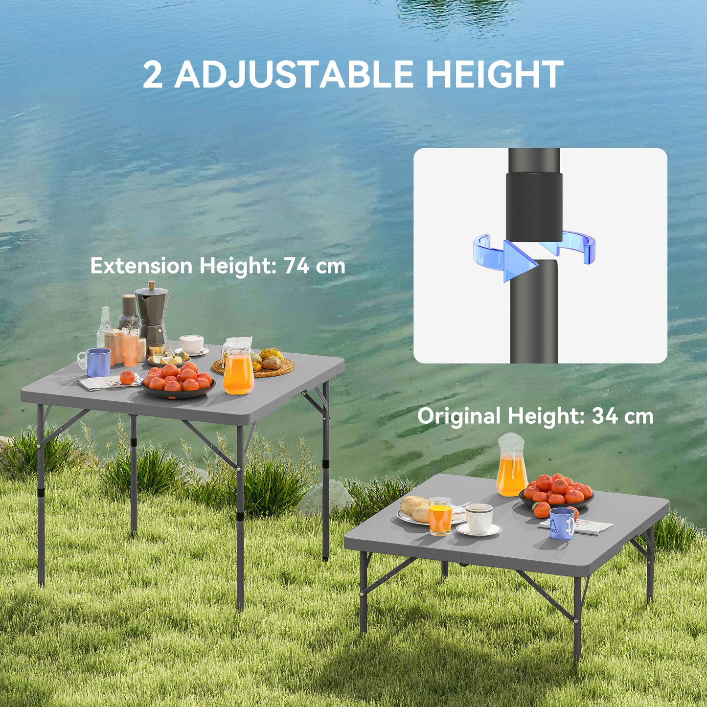3ft Folding Camping Table, Heavy Duty Picnic Table with 2 Adjustable Height for Indoor Outdoor Garden, Party, BBQ, Dark Grey