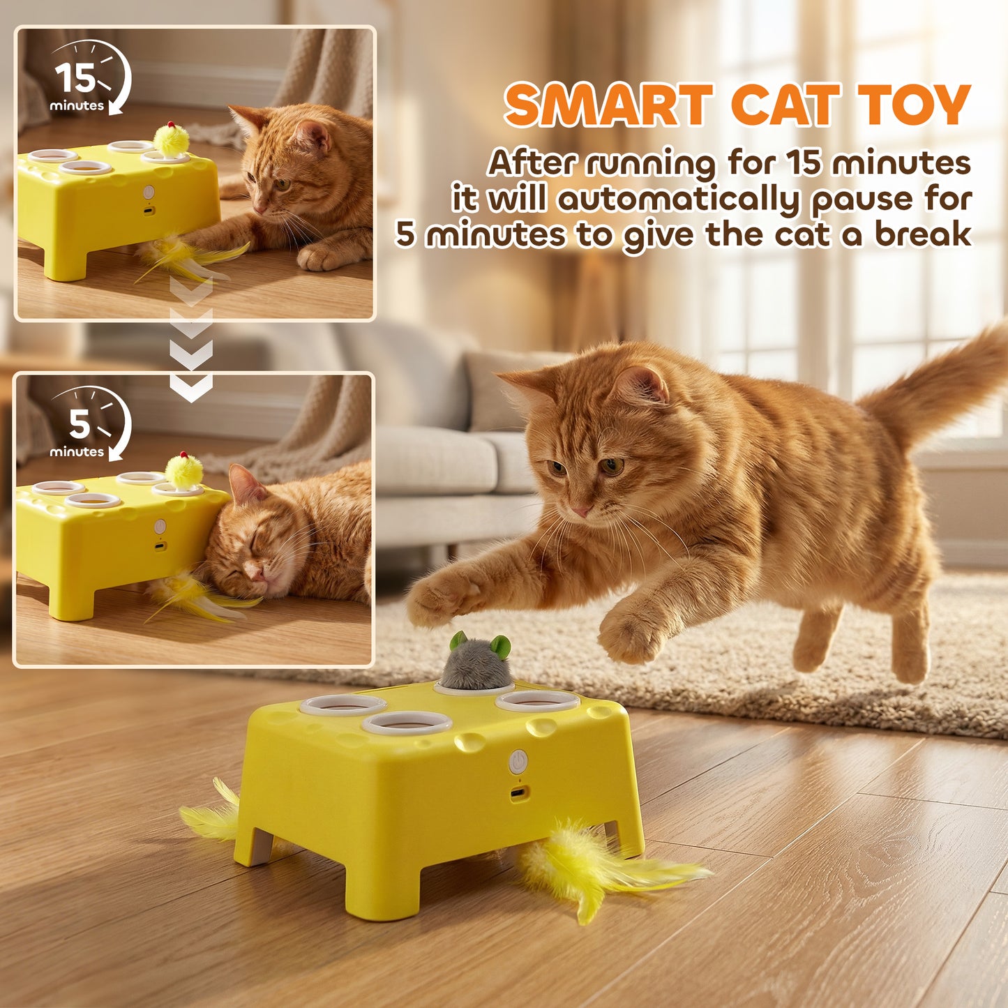 3-in-1 Interactive Cat Toy | Popping Mouse | Spinning Feather | USB-C | 15-Min Auto-Rest | Multi-Cat | Yellow