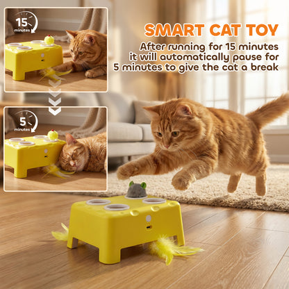 3-in-1 Interactive Cat Toy | Popping Mouse | Spinning Feather | USB-C | 15-Min Auto-Rest | Multi-Cat | Yellow
