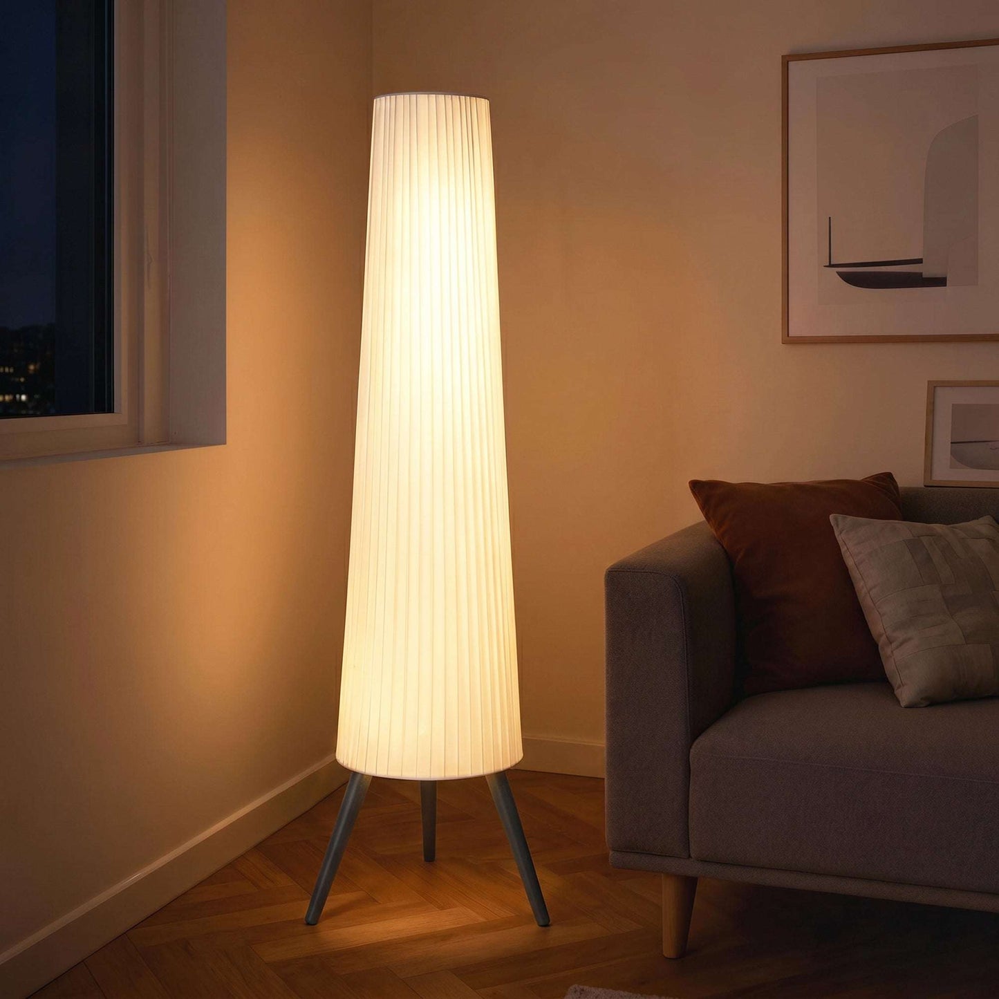 Nordic Dimmable Tripod Floor Lamp | 3-Level Foot Switch | Pleated Fabric Shade | 3000K Warm White | 10.5W 900lm | Steel & Wood Tripod Base | 46x46x153cm | 15-Min Assembly | White