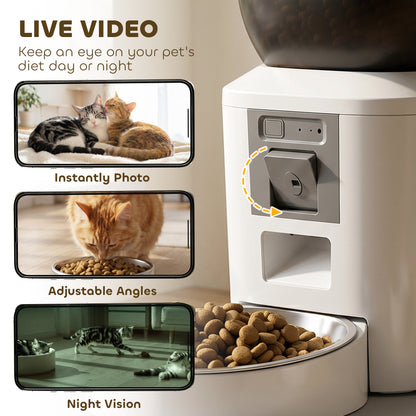 Automatic Pet Feeder with Camera | 2.4G WiFi App Control | 2-Way Audio | Night Vision | Anti-Clog | 4L / 16 Cup Tank | Dual Power | Cats & Dogs up to 15kg | White