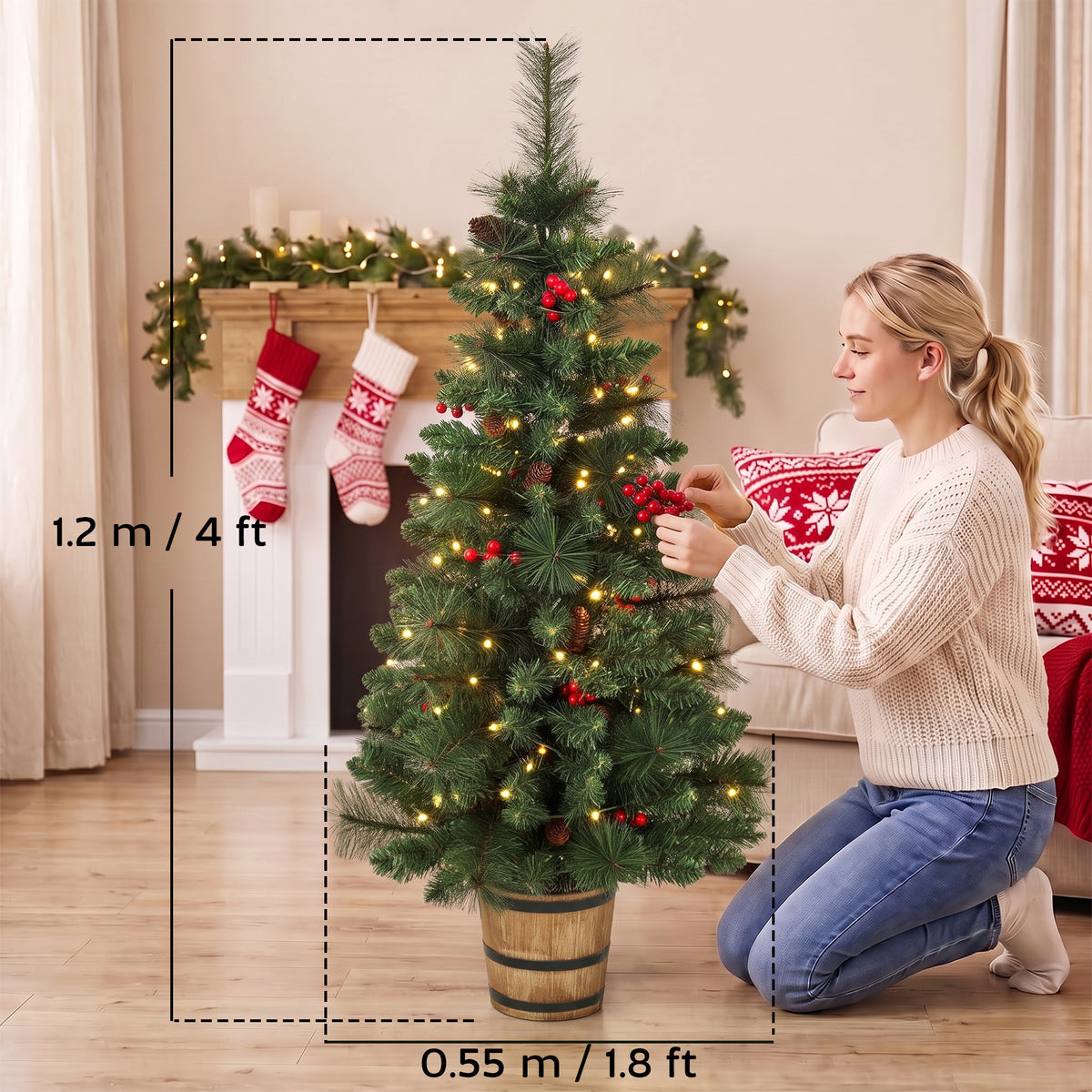 Set of 2 Pre-Lit Christmas Trees | Green PVC Steel | 120cm 4ft | 100 LEDs Warm White Multicolour | 11 Modes Remote | Pine Cones Berries | Battery Operated | Barrel Pot Base | Flame Retardant
