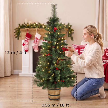 Set of 2 Pre-Lit Christmas Trees | Green PVC Steel | 120cm 4ft | 100 LEDs Warm White Multicolour | 11 Modes Remote | Pine Cones Berries | Battery Operated | Barrel Pot Base | Flame Retardant