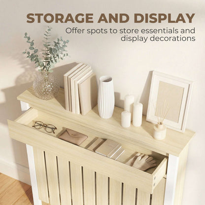 MDF & Particle Board Radiator Cover with 1 Drawer | Vertical Slats | Flat Top Display Surface | Wall Mountable | Pre-Cut Outs | 14kg Capacity | 88.5x19x93cm | Oak & White