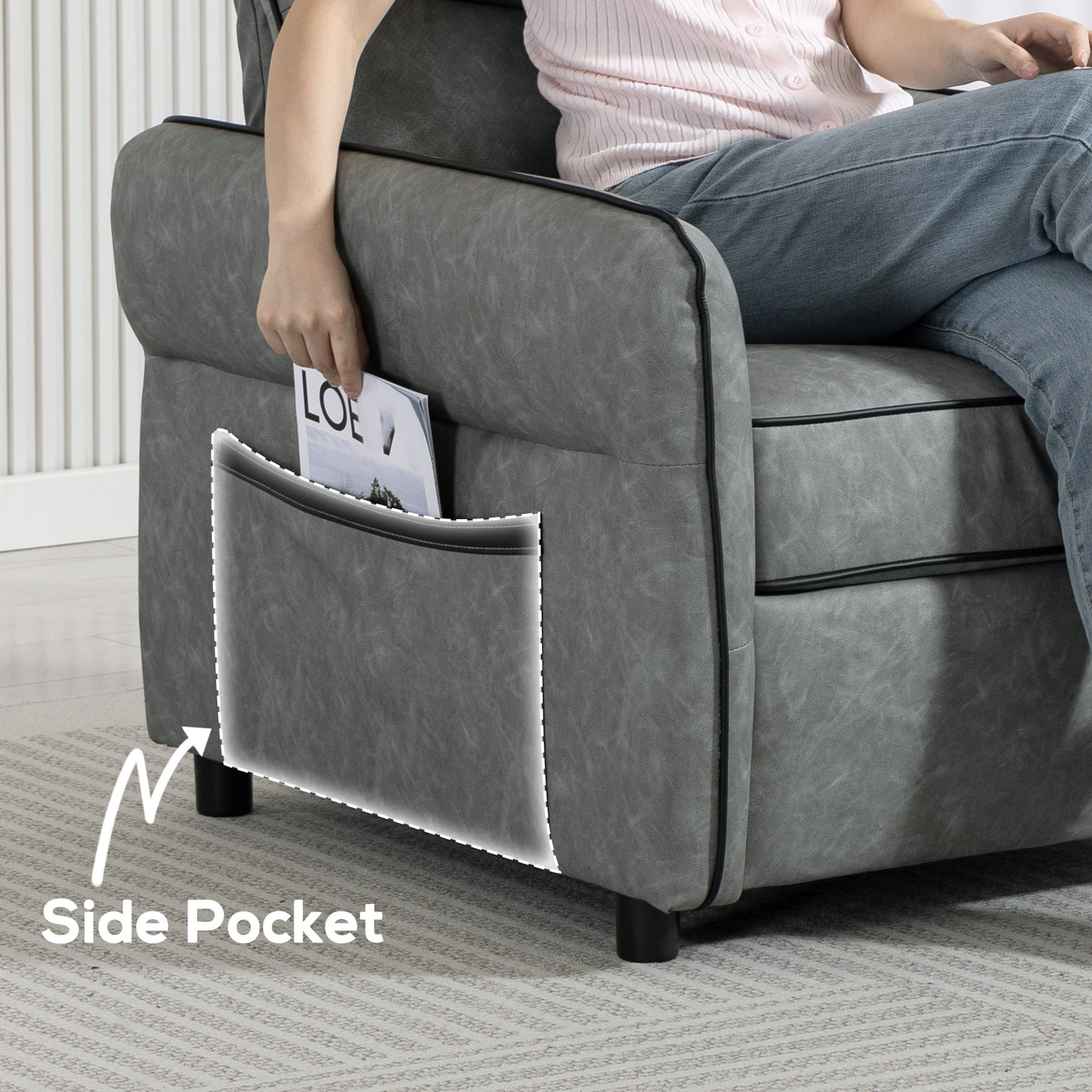 3-Seater Faux Leather Sofa | S-Spring Support | 20cm Seat | Side Pockets | 2 Pillows | Fire-Retardant | 330kg | 190cm | Grey